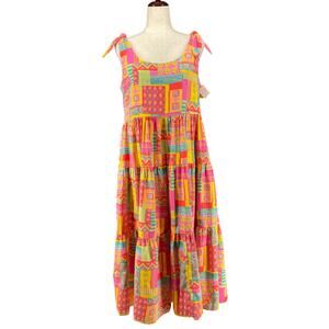 Vtg 80s 90s Two Potato Retro Artsy Midi Tiered Tie Shoulder Dress M Resort Wear